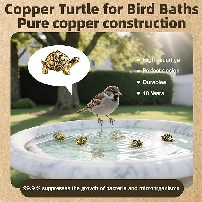 6 Pcs Copper Bath Disks Ornaments Mini Turtle Shape, Retro Copper Birdbath Purification Cleaner, Fit for Outdoor Birdbaths, Bowls
