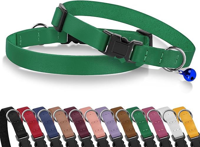 Breakaway Cat Collar with Bell - Leather Adjustable Kitten Collars with Safety Quick Release Buckle - Soft Small Pet Collars for Girl & Boy Cats (Green)
