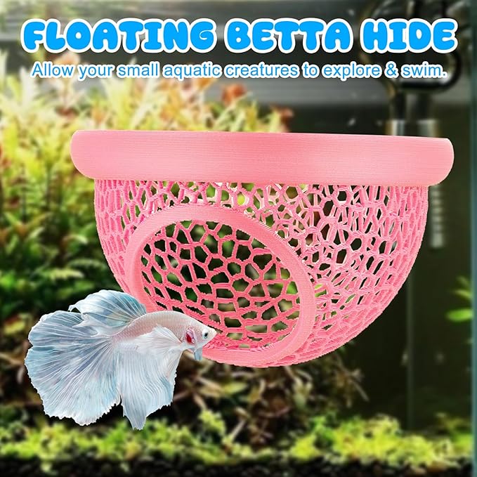 Pink Floating Betta Hide & Shrimp Cave – 3D Printed Aquarium Hammock, Feeding Ring & Resting Spot for Betta Fish, Shrimp & Small Fish (Eco-Safe PLA)
