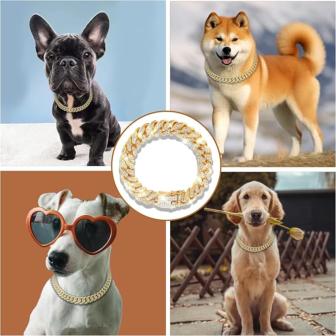 Dog Chain Designer Gold Crystal Pet Collar Cuban Link Chain with Secure Buckle Luxury Adjustable Necklacefor Small Medium Large Dogs Cats(Glod 12inch)
