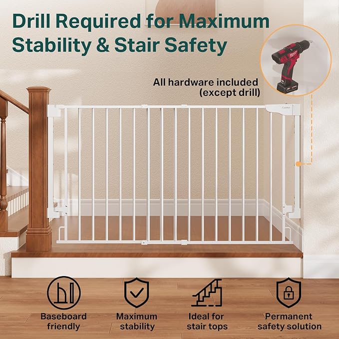 Cumbor 35.1-55" Wide No Bottom Bar Baby Gate for Stairs, 2-in-1 Auto Close Dog Gate Indoor, Hardware Mounted Pet Gate for Doorways with Large Walk Thru Door, Child-Proof Safety Gate for Kids (White)