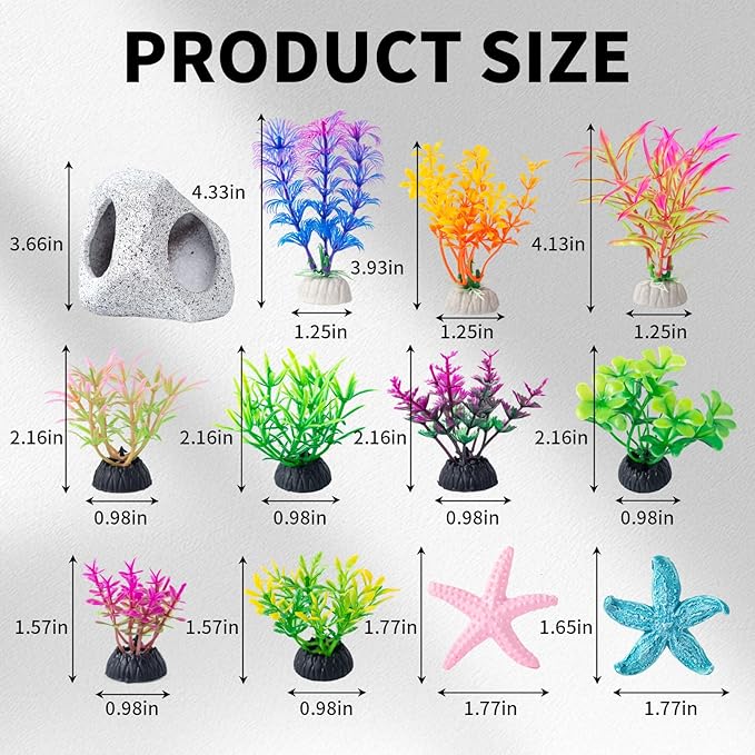 COMSUN 12 PCS Aquarium Decoration Cave Set, Ceramic Fish Tank Hideaway Rock Accessories, Colorful Plastic Aquarium Plants & Resin Starfish, Small Fish Tank Ornaments for Pet Fish to Hideout and Rest