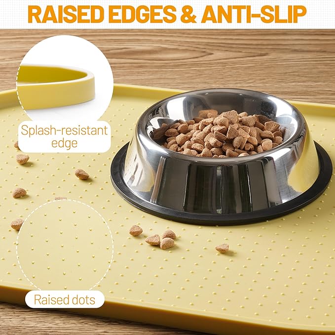 Hubulk 100% Waterproof Silicone Pet Feeding Mat with Raised Edge for Food and Water, Dog Bowl Mats, Cat Bowls Placemat with High Lip Protects Floor for Cats and Dogs (Yellow, 32" L x 24" W)