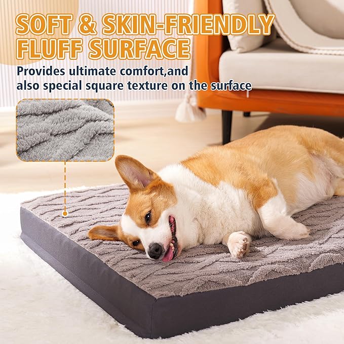 Orthopedic Dog Beds Large Sized Dog – Waterproof Plush Pet Mattress with Removable Washable Cover, Non-Slip Bottom, Memory Foam Mat for Crate, 35x22 Inch, Grey
