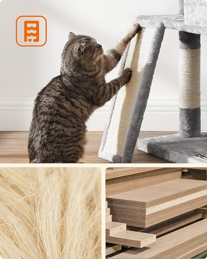 Feandrea Cat Tree, 45.3-Inch Cat Tower, Plush Condo with Scratching Post, Ramp, Perch, Spacious Cave, for Small Space, Light Gray UPCT141W01
