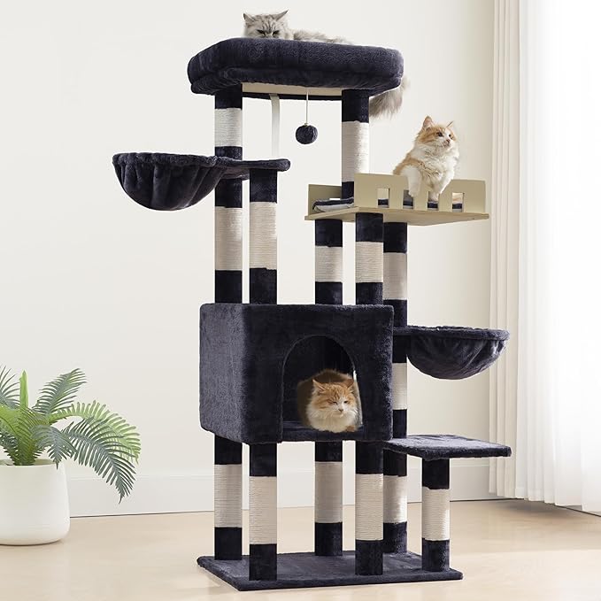 Cat Tree for Indoor Cats Large Adult, Heavy Duty Cat Tree for Large Cats 20 lbs+, Cat Condo with Big Wooden Perch, Cat Tower with 14 Scratching Posts, Hammock, Smoky Gray GCT023G