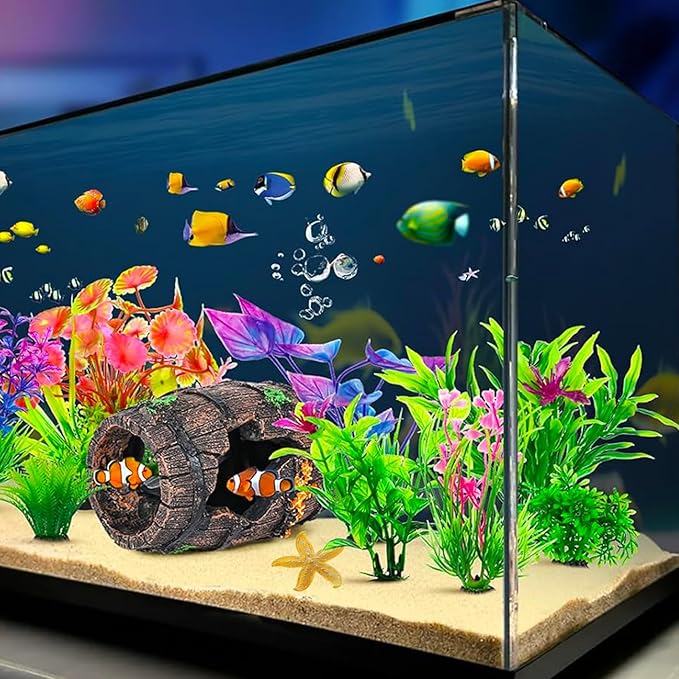 Fish Tank Decoration for Aquarium Tank, Betta Fish Tank Accessories Starfish Barrel x 1pc, Aquarrium Decor Aquatic Plants x 4pcs, Aquarium Decor Starfish x 1pcs.