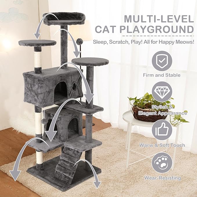 Heavy Duty Cat Tree Tower, 54" Tall, Multi-Level Cat Climbing Tower with Cat Scratching Post, Bed, Hanging Ball, Ashy