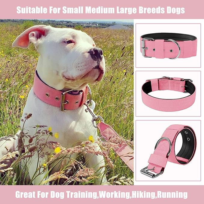 Heavy Duty Tactical Dog Collar - 1.5" Width Military Durable Thick Nylon with Adjustable Metal D Ring & Buckle Working Training K9 Collar for Medium Large Dogs (L(20"-23"), Pink)