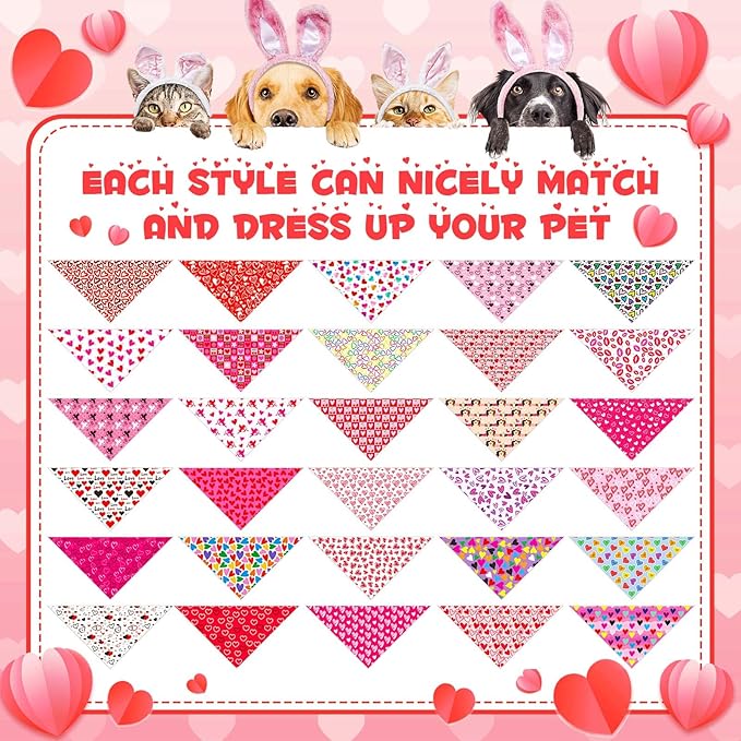 Youyole 120 Pcs Valentine's Day Dog Bandana Bulks Love Dog Bandanas Valentine's Day Pet Scarf Soft Cat Triangle Scarves Pet Bandana Red Pink Heart Bibs for Small and Medium Breed