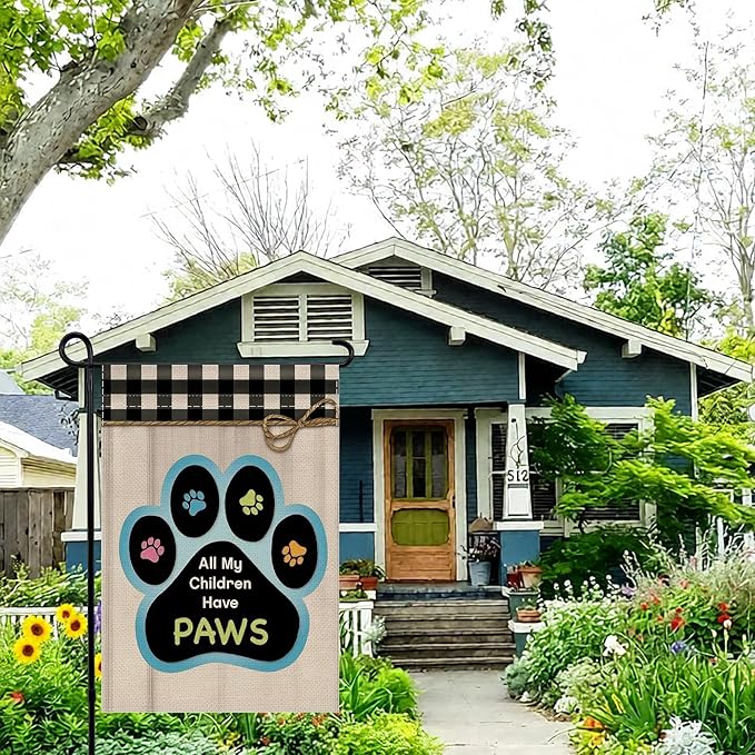 12x18 All My Children Have Paws Garden Flag Cat Paw Print Black Gingham Outdoor Decor for Pet Lovers Porch Yard Patio Decorations