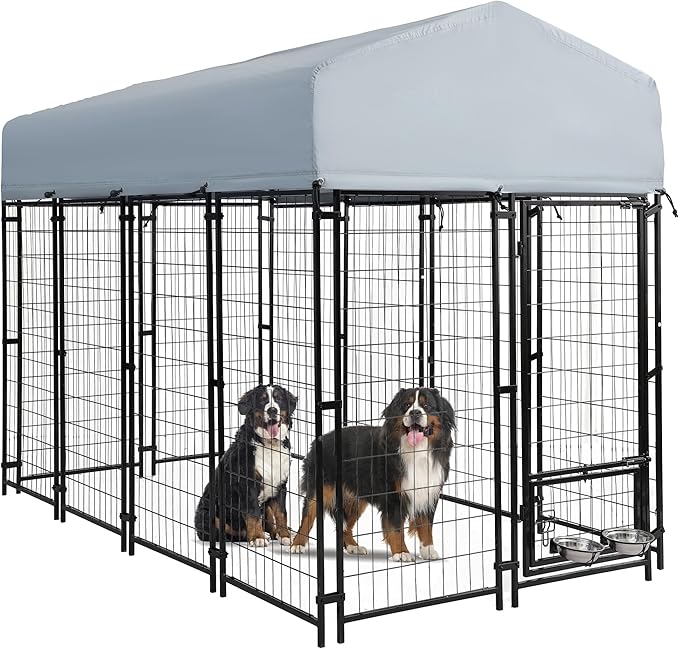 8x4x6 FT Outside Large Dog Kennel with roof - Outdoor Heavy Duty Welded Wire Steel Dog Playpen with Rotating Bowls, Dog Run Enclosure Crate Cage with Lockable Doors for Chicken, Rabbit