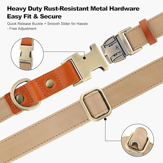 Plutus Pet Genuine Leather & Hemp Dog Collar – Adjustable Heavy Duty Pet Collar with Quick Release Metal Buckle, Soft & Stylish for Puppy and Small, Medium, Large Dogs (Beige, L)