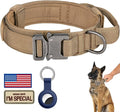 DAGANXI Tactical Dog Collar, Adjustable Military Training Nylon Dog Collar with Control Handle and Heavy Metal Buckle for Medium and Large Dogs, with Patches and Airtags Case (S, Brown)