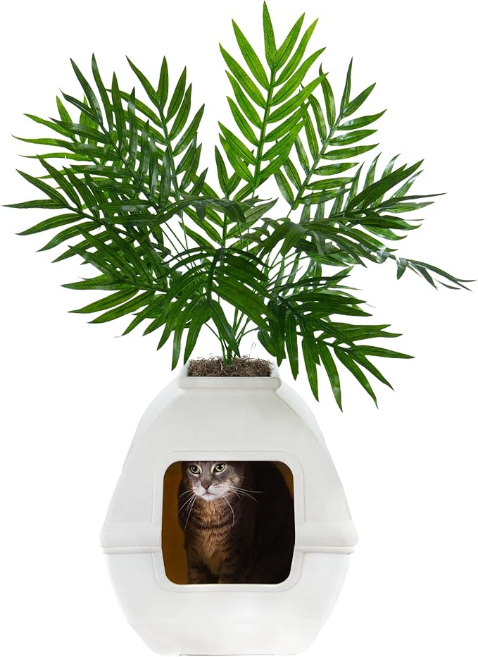 Good Pet Stuff Hidden Litter Box Planter, Decorative Cat Litter Enclosure with Carbon Filter, Artificial Plant, Easy Clean, Indoor Design, Courtyard Square Style, Base Kit, White Birch
