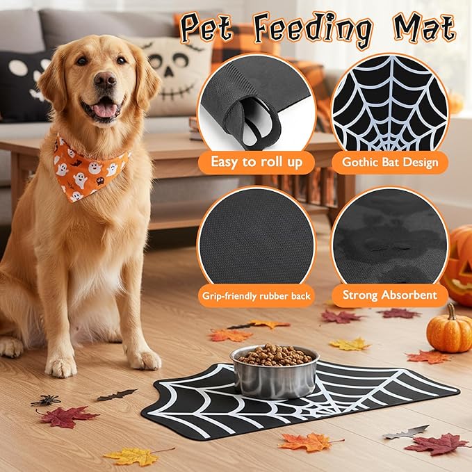 Pet Mat for Food and Water, Absorbent Non-Slip Quick Dry Dog Food Mat for Dog Cat Bowl Indoor Outdoor Pet Dining Gift Halloween Decorations (15.74 * 23.62In, Spider)