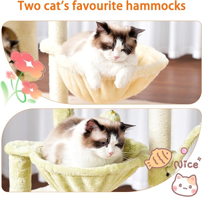 Heybly Cat Tree, 39.4 Inches Tower Condo with Scratching Post, Cat Tower for Indoor Cats, Fully Wrapped Sisal Pole, Soft Platform, 2 Baskets and Dangling Toy, Green and Beige HCT006SGM