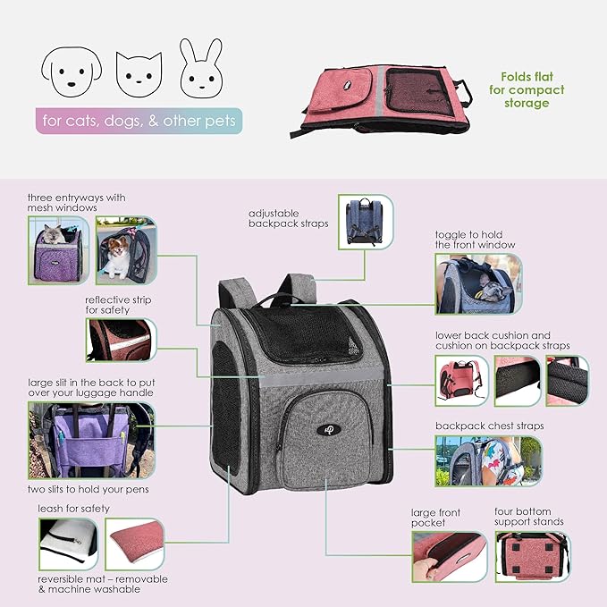 Petique The Backpacker Pet Carrier - Coral: for Small Dogs/Cats/Pets, Storage Pocket, Luggage Handle Slit, Leash Inside, Adjustable Straps, Reversible Mat, 3 Entryways, Folds Flat, Reflective Strip