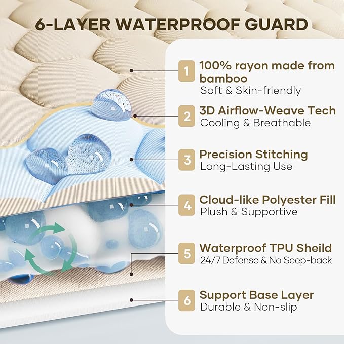 OhGeni 100% Waterproof Mattress Protector, Queen-Beige Size Mattress Pad, Fits 6"-20" Mattresses with Deep Pocket, Cooling, Breathable Fitted Sheets, Soft Bed Cover, Noiseless, Machine Washable