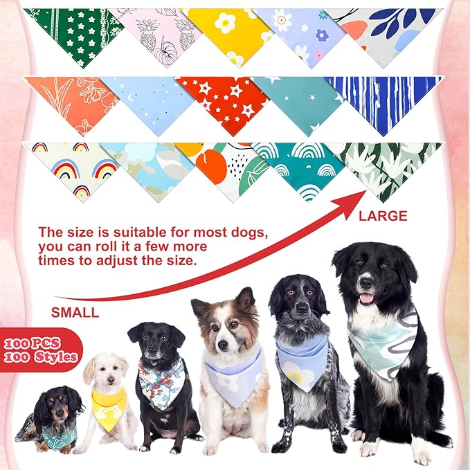 100 Pcs Boho Dog Bandanas Bulk Pet Bibs Colorful Triangle Scarf Boho Pet Bandanas for Medium Large Dogs Spring Summer Birthday Costume Decoration