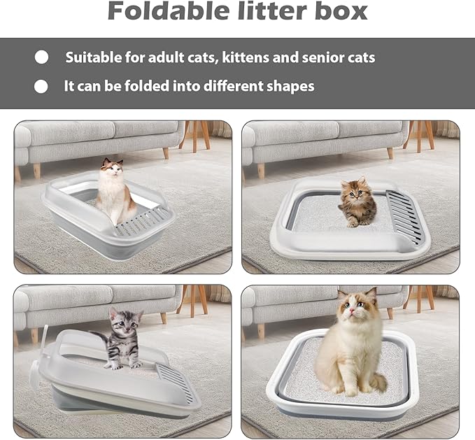 kathson Collapsible Litter Box for Kittens,Low Entry Senior Cat Litter Box Semi-Enclosed Kitten Potty Toilet with Leak-Proof Pedal Foldable Kitty Litter Pan for Small Cats (Grey)