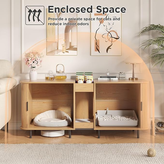 Double Litter Box Enclosure for 2 Cats, 55" Litter Box Furniture Hidden with Cat Scratch Pad, Large Indoor Cat House with Double Room, Wooden Litter Box Cabinet, TV Stand, Natural