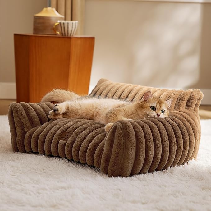 Bedsure ComfyFleece™ Cute Cat Couch for Pets - As Seen on TV on Good Day New York, Fuzzy Cats beds for Indoor Cats with Removable Washable Cover, Supportive Pet Sofa, 24inch, Camel Brown