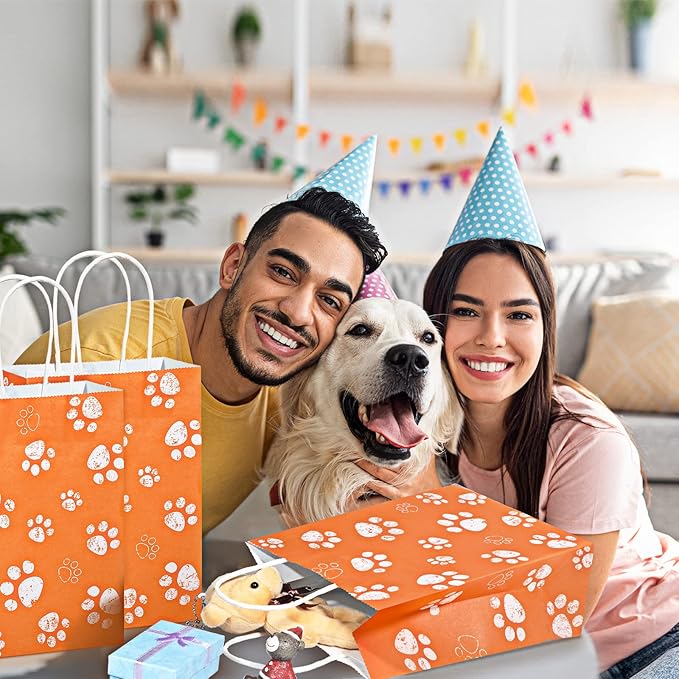 Blulu 20 Pcs Puppy Dog Paw Gift Bags with Paper Twist Handles, Dog Gift Paper Paw Treat Goodie Bags for PET Treat Party Favor, 6.3 x 3.1 x 8.6 Inch(Orange Backing)