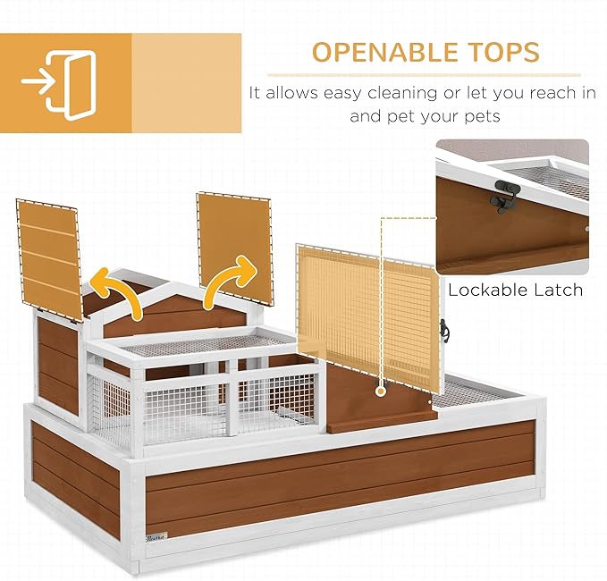 PawHut 3- Room Tortoise House Habitat with Balcony & 2 Stories, Indoor/Outdoor Wooden Tortoise Enclosure with Ladder, Tray, Openable Roof, Large Reptile Cage, 44" x 25. 5" x 23", Coffee