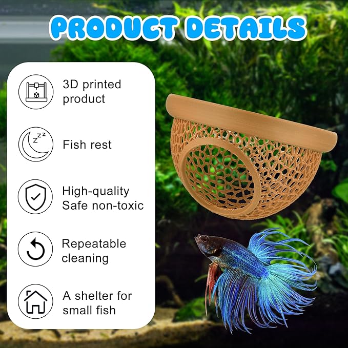 Floating Betta Hide & Shrimp Cave – 3D Printed Aquarium Hammock, Feeder & Rest Spot – Floating Betta Log & Cave Decor for Nano Tanks, Corydoras, Shrimp & Small Fish – Safe PLA, Patent Pending