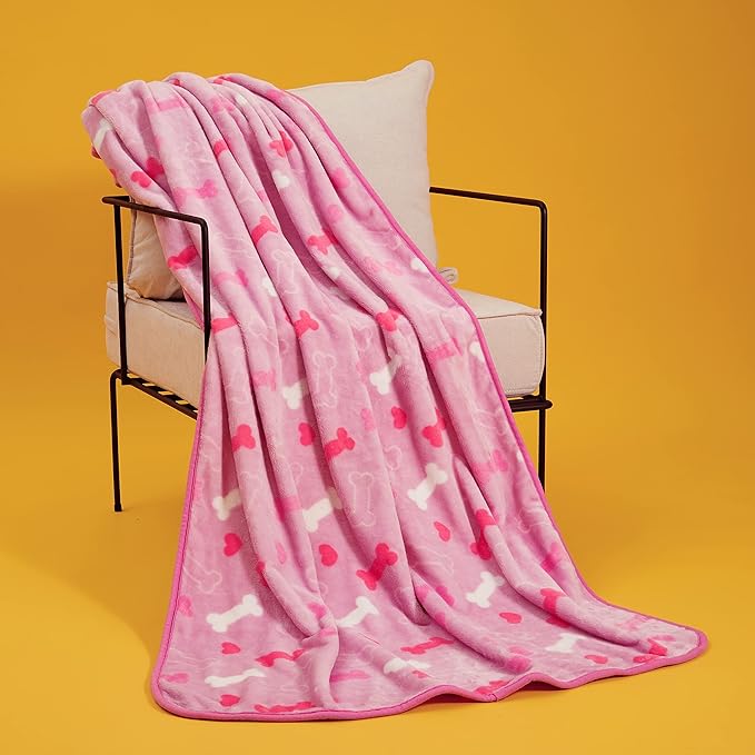 Allisandro Luxurious Dog Blanket, 350 GSM Super Fuzzy Microplush Fleece Pet Blankets for Small Medium Large Dogs and Cats, Pink Bone, 80 × 64 Inches
