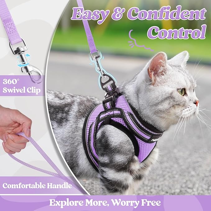 rabbitgoo Cat Harness and Leash Set for Walking Escape Proof, Adjustable Soft Kittens Vest with Reflective Strip for Cats, Comfortable Outdoor Vest, Light Purple, M