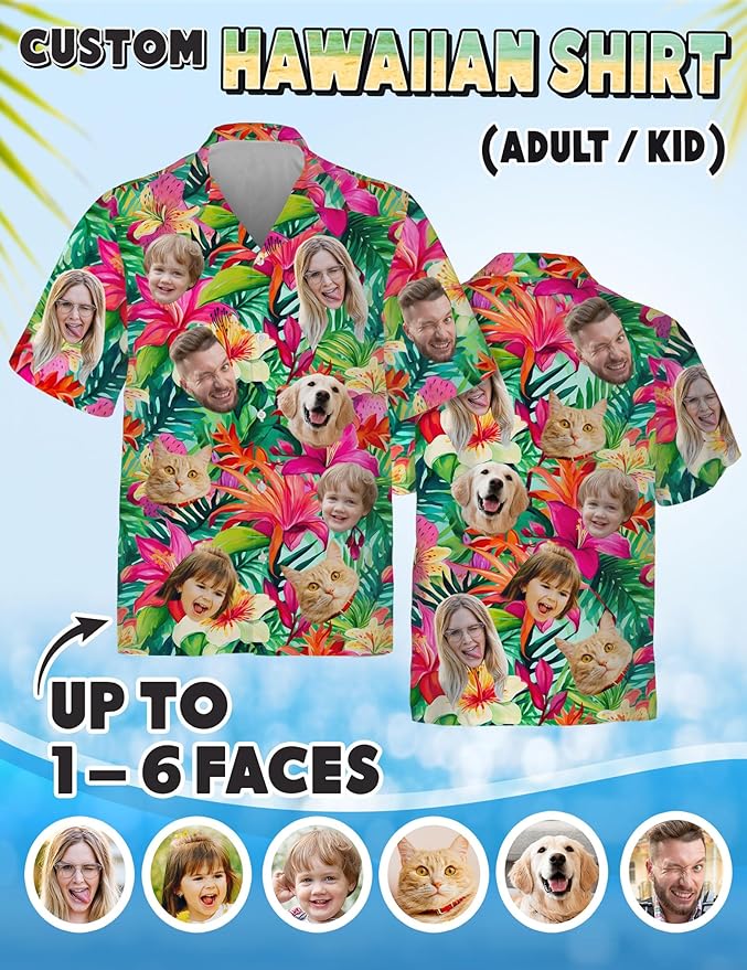 Custom Hawaiian Shirt with Face Photo Picture for Men Women Kids Youth Adult, Tropical Personalized Hawaiian Shirts Gift