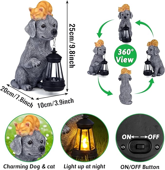 ILLUMINEW for Mom – Solar Dog Garden Statues with Lantern and Sleeping Cat, Resin Pet Figurine Light for Outdoor Yard Decor, Gift for Women Grandma