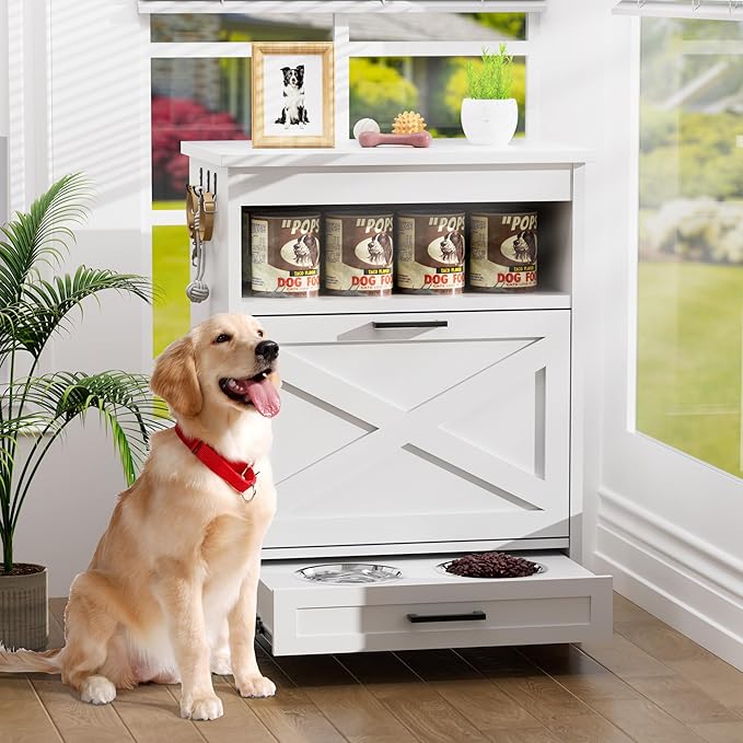 Modern Dog Food Storage Cabinet with 2 Elevated Doggy Bowls, Pet Feeding Station with Organizer, Tilt Out Pet Food Cabinet Furniture, White