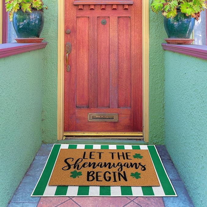 Tinideya 2 Pcs Irish Festival Door Mat Fest Welcome Non Slip Coir Mats Shenanigans Green White Stripe Floor Layering Doormats Seasonal for Front Porch Entryway Decor(Irish Festival)