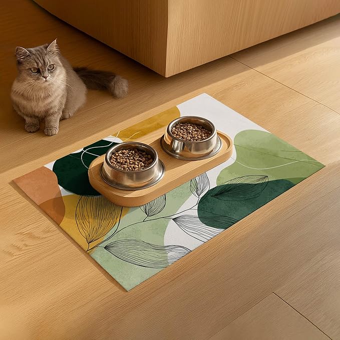 Modern Abstract Leaf Design Pet Feeding Mat 20" x 12" Pet Food Mat Non Slip Mat for Dog Food and Water Bowls Easy Clean Dog Bowl Mats Pets Placemat for Kitchen Pets Feeding Area Decor