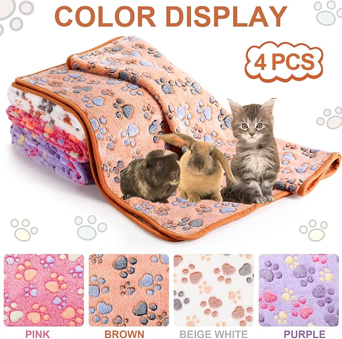 Tatuo 4 Pcs Dog Blanket for Pet Cat Blankets Indoor Puppy Teething Stuff Toys Paw Print Fleece Soft Blanket Sleep Mat for Guinea Pig Cage(White, Coffee, Pink, Purple,Midwest (24 x 47 Inch),Square)