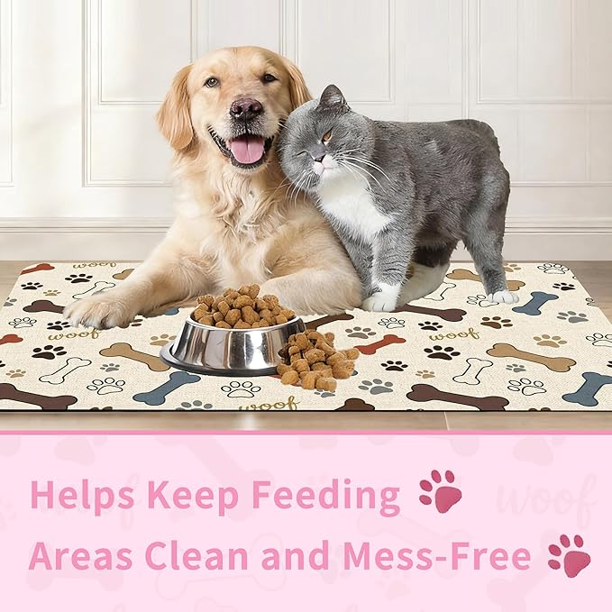 Dog Feeding Mat 20 x 12 Inch, Neutral Paw Bone Woof Dog Placemat Absorbent Quick-Dry for Food and Water, Waterproof Non Slip Rubber Pet Bowl Pad Mat for Floors