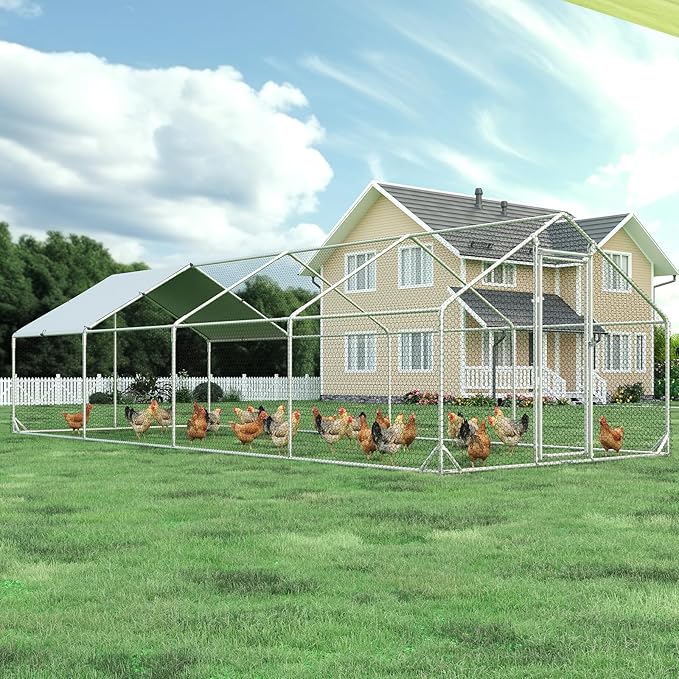 4ever2buy Large Metal Chicken Coop with Run Walk-in Poultry Cage Chicken Runs House Pen Cage Spire Roofed Chicken Coops with Anti-Ultraviolet Cover for Outdoor Backyard Farm Use 9.5’Lx24.9’Wx6.4’H