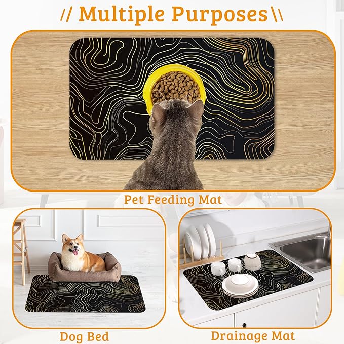 Dog Bowl Mat,Abstract Map Pet Feeding Mat for Floors Waterproof,Golden Lines Texture Absorbent Dogs Placemat for Food and Water Quick Dry Pet Cat Feeding Mats with Non Slip Bottom 12" x 20"