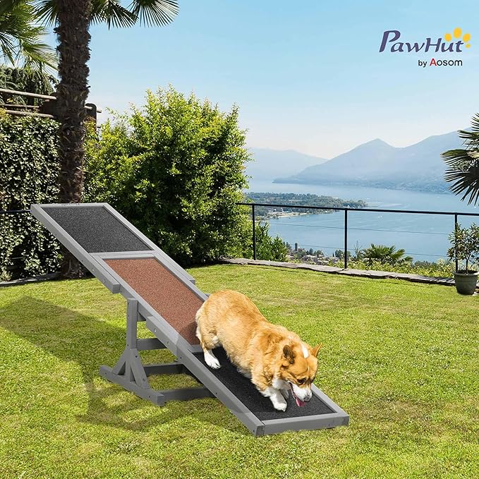PawHut Wooden Dog Agility Seesaw for Training and Exercise, Platform Equipment Run Game Toy, Weather Resistant Pet Supplies, 71" L x 12" W x 12" H, Gray