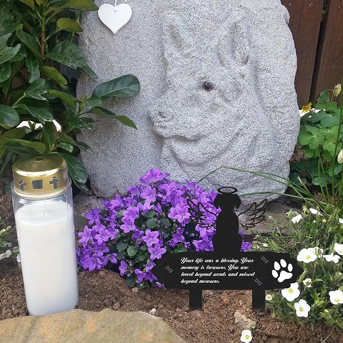 Dog Cemetery Decorations for Grave - Grave Garden Metal Decorations Memorial Dog Angel Wings Stakes Plaque Waterproof Black Grave Decoration Sympathy Garden Stake Markers Dog Grave Decor