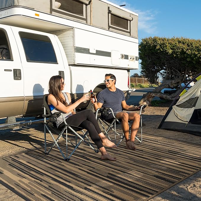 GENIMO Outdoor Rug for Patio Clearance, 6'x9' Waterproof Camping Mat, Reversible Plastic Straw Rugs for RV, Camper, Balcony, Backyard, Picnic, Deck (Black Brown)
