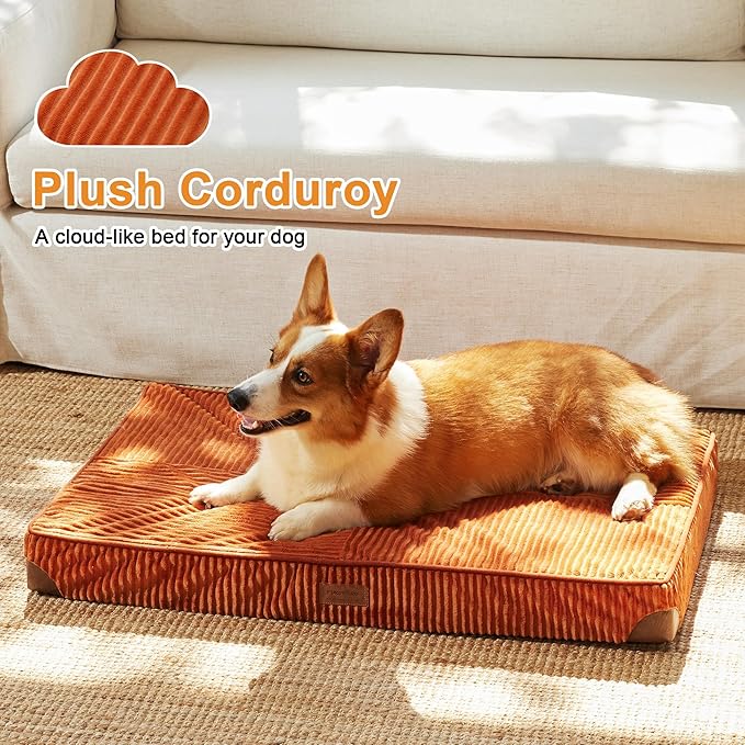 FUKUMARU Dog Bed, Thickened Corduroy Orthopedic Dog Beds with Washable Cover, Large Waterproof Dogs Bed for Crate, 28D Egg Crate Foam Support Pet Mat, Cozy Pet Bed Pad with Anti-Slip Bottom, Orange