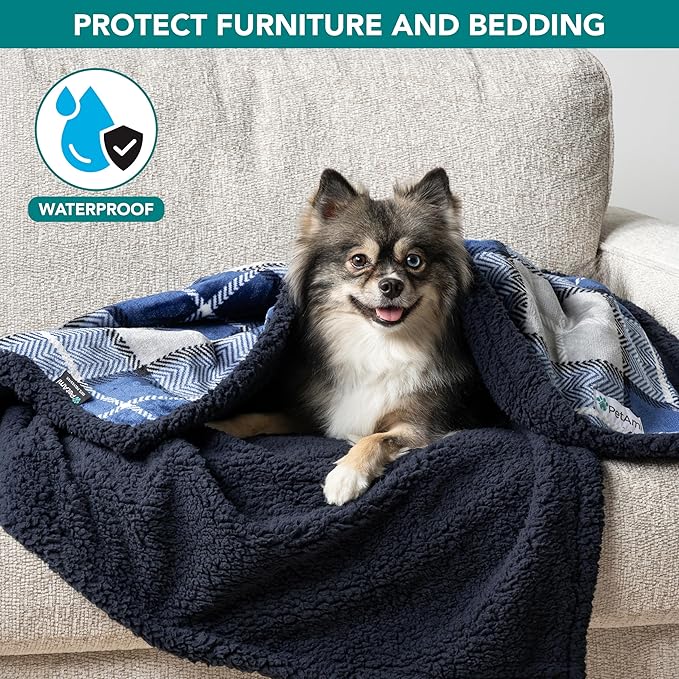 PetAmi Waterproof Dog Blanket for Small Medium Dog Puppy Cat Throw for Couch Cover Leakproof Protection, Sherpa Fleece, Reversible Soft Washable 29x40 Plaid Navy Blue