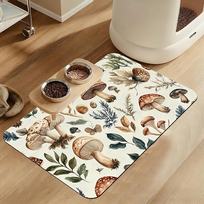 Vintage Mushroom Floral Dog Cat Food Mat–Christmas Stocking Absorbent Waterproof Placemat for Food and Water Bowls, Non Slip Rubber Backing, Feeding Mat for Clean Floors 16"x24"