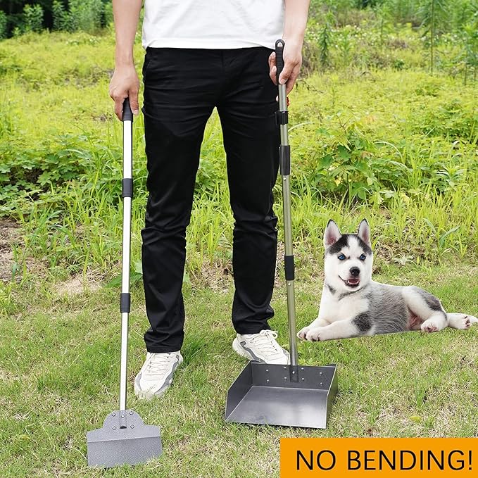 Pooper Scooper, Metal Aluminum Tray and Spade Poop Scoop Set with Adjustable Stainless Steel Long Handle, Pet Waste Removal Heavy Duty Poop Scooper (Tray&Spade, Small)