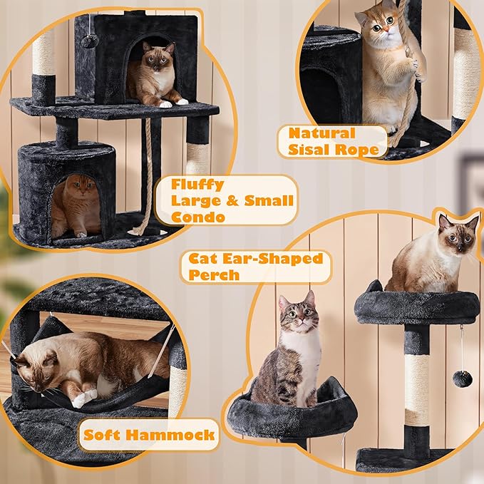 Yaheetech Cat Tree, 70.5in Climbing Tower for Indoor Cats, Multi-Level Kitten Condo with Scratching Post, Pet Activity Center w/Plush Perches & Hammock & Dangling Ball, Black