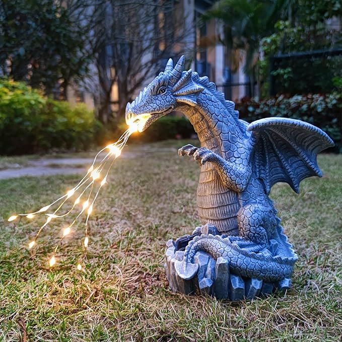 Dragon Solar Garden Statues Outdoor Decoration with LED Light Strings,Dragon Figurine Solar Lights Lawn Décor,Outside Statue Ornament for Patio, Balcony, Yard,Unique Gifts for Mom Grandma